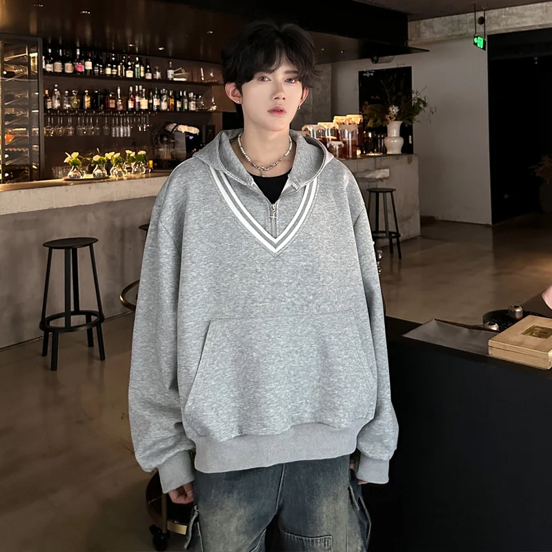 

Men's Casual Hoodie V-Ne f Zip Loose Fit American Sle Lazy Windbreaker Autumn Wear Polyester Cotton Non-Sinkage