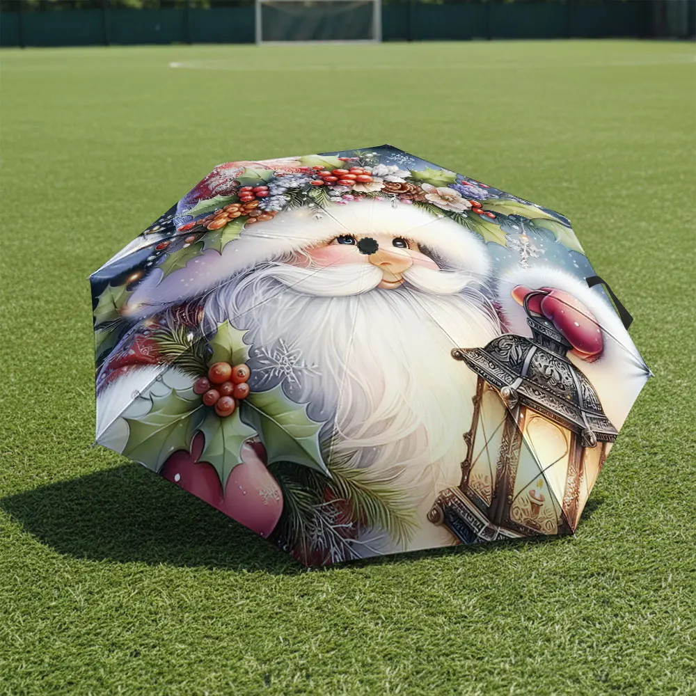 1P C Christmas-Themed Umbrella with Santa Claus Design Print 8 Iron Ribs Folding Umbrella Auto-Open Fashion Sunshade
