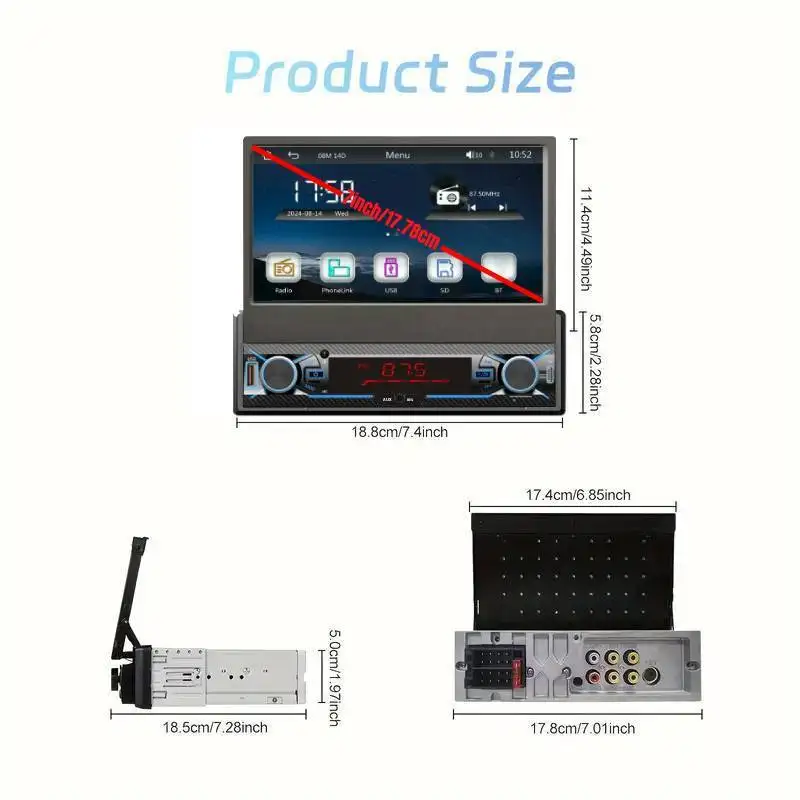 7'' Car Stereo Foldable 1Din Car MP5 Player W/ Android Auto & Wired Carplayer and Mirror Link Fast Charging B-T Wireless Connect