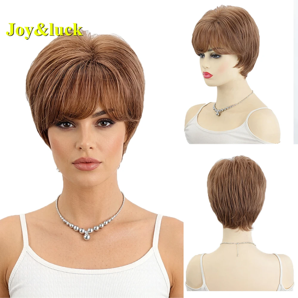 

Short Brown Wig with Layered Bangs for Women Daily Wear Fluffy Bob Hair Wig Natural Looking Hair Replacement