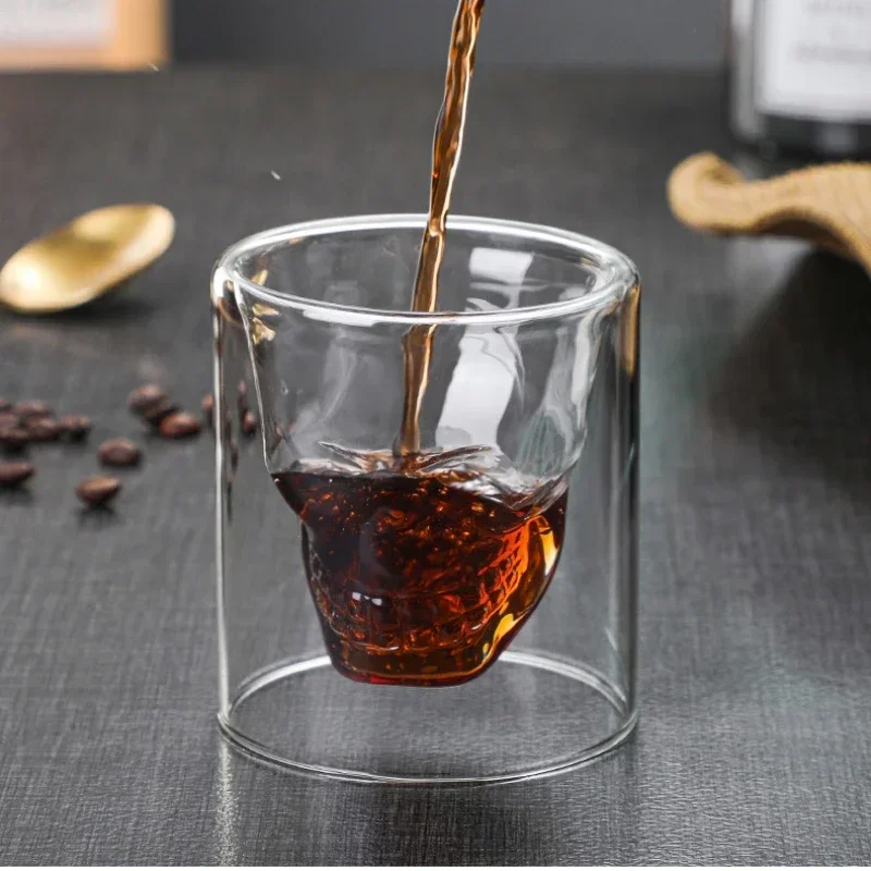 Double-layered Transparent Skull Head Coffee Mug Crystal Glass Cup for Home Bar Club Whiskey Tequila Wine Vodka and Beer Wine