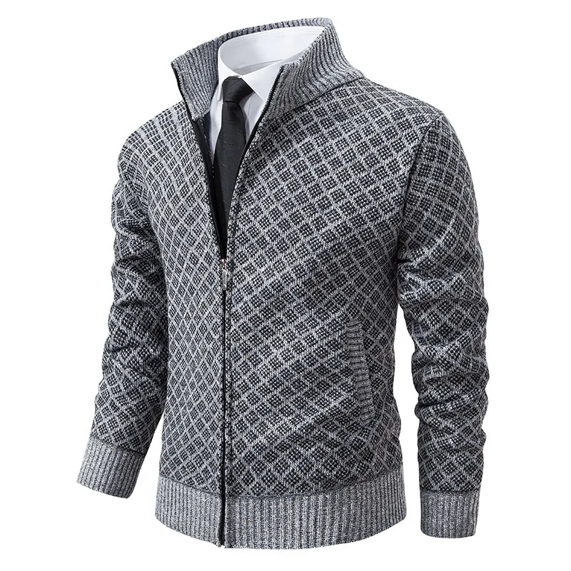 Autumn Men\'s Jacket Sweater Striped Checkered Zipper Style with Plush Fashionable Color Blocking Warm Knit Jacket Sweater