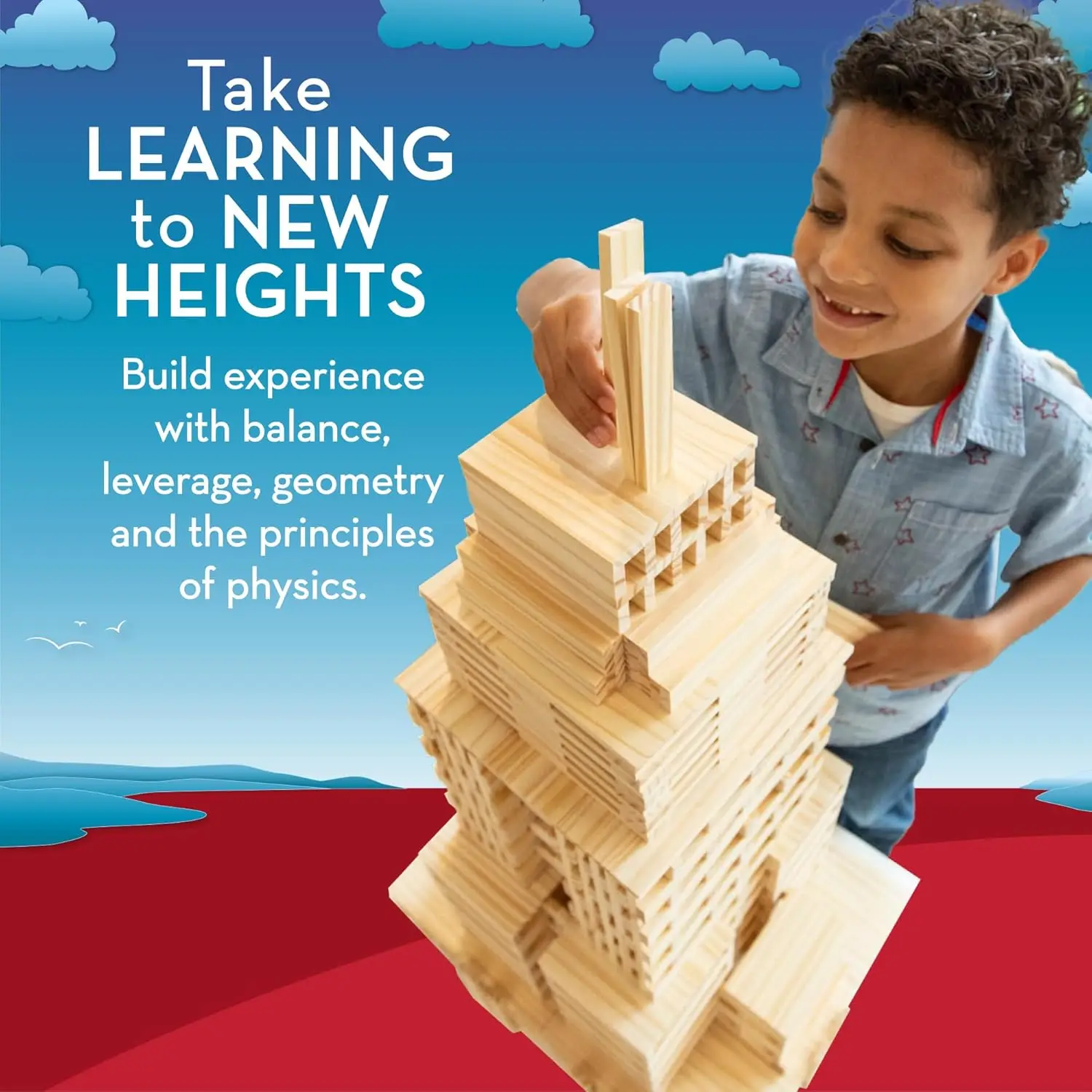 Strukturen: 600 Planken-Bausteine-Set aus Holz, inklusive 600 Pinienplanken, 30 Ideenkarten und zusammenklappbarer Aufbewahrungsbehälter