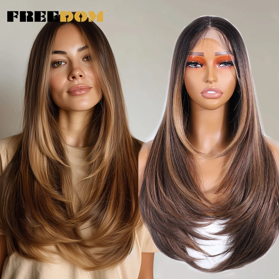 

FREEDOM Synthetic Lace Front Wigs For Black Women Straight Layered Lace Wig 24 Inch Ombre Brown White Highlight Cosplay Wigs