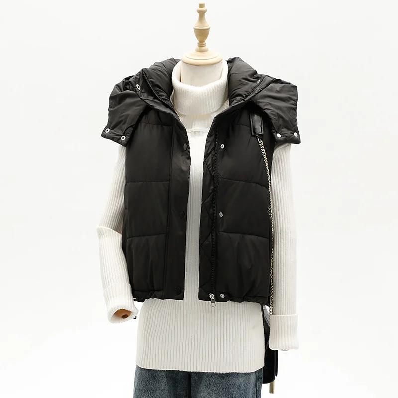 Gilet corto in cotone autunno inverno Giacca senza maniche con cappuccio da donna Cardigan con cerniera allentata semplice e versatile in stile europeo alla moda