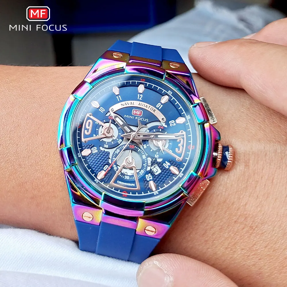 MINI FOCUS Military Sport Quartz Watches Men Blue Silicone Strap Waterproof Chronograph Wristwatch with Date Luminous Hands 0402