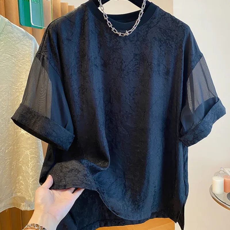 Women's Black Textured Short Sleeve Top Sheer Mesh Panel Rolled Cuff Loose Casual Blouse