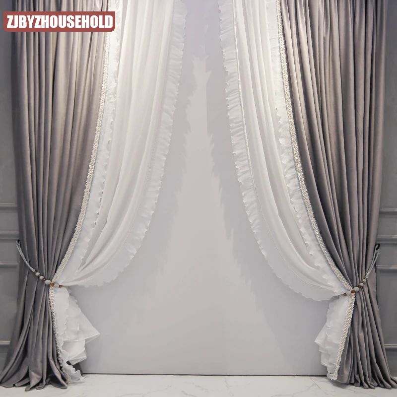 Simple Noble Curtains for Living Room Bedroom Villa French Light Luxury Champagne Romantic Blackout Window Lace Gray Velvet