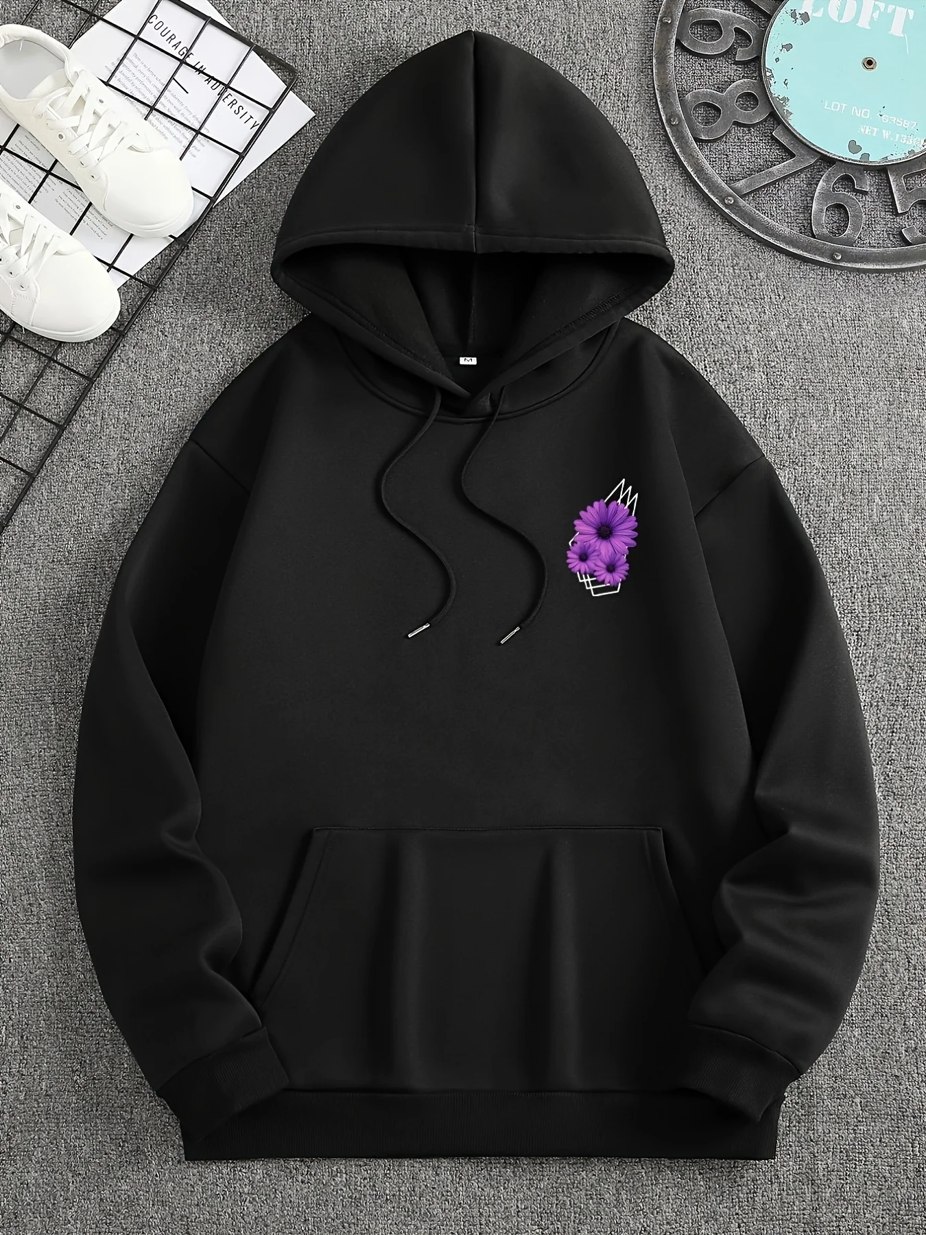 Men's Floral Print Hooded Sweatshirt Pockets Fleece Lined DrawstringCap Simple Comfortable Loose Fit Versatile for Everyday Wear