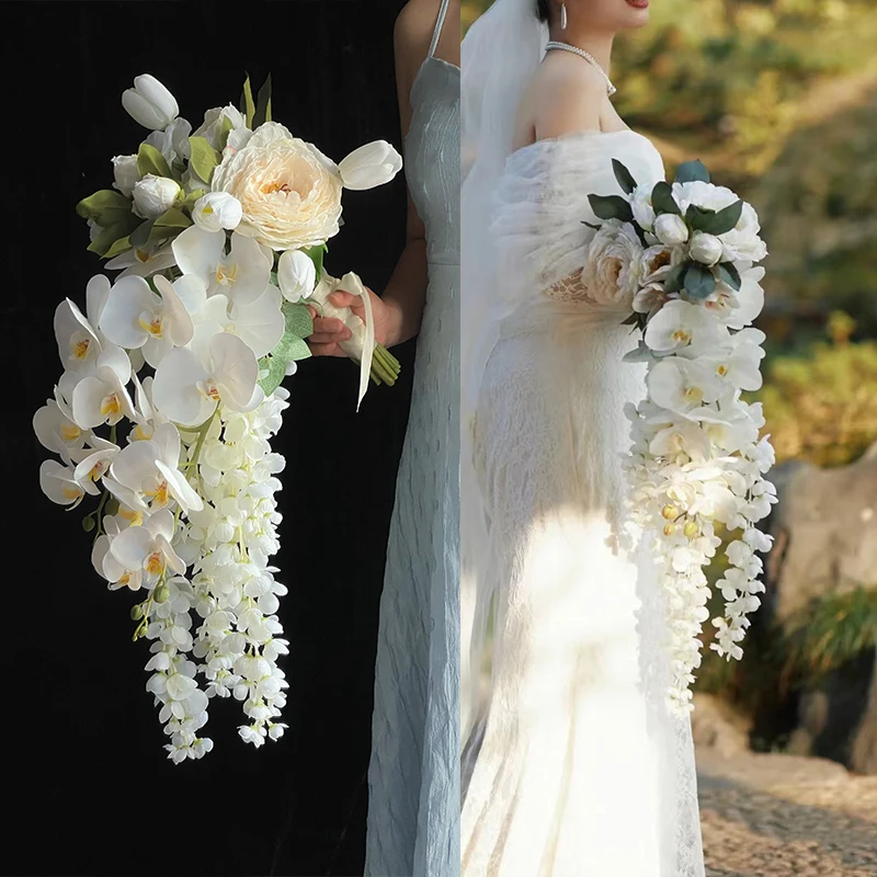 

Water drop waterfall bouquet white Phalaenopsis tulip bouquet bridal wedding simulation flower wedding photography