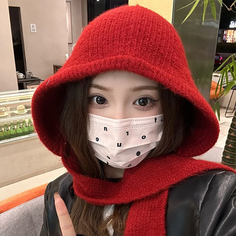 New Winter Women Hooded Hat Knitting Wool Warm Balaclava Beanies Skullies For Female Girl Solid Color Outdoor Cold-proof Bonnet