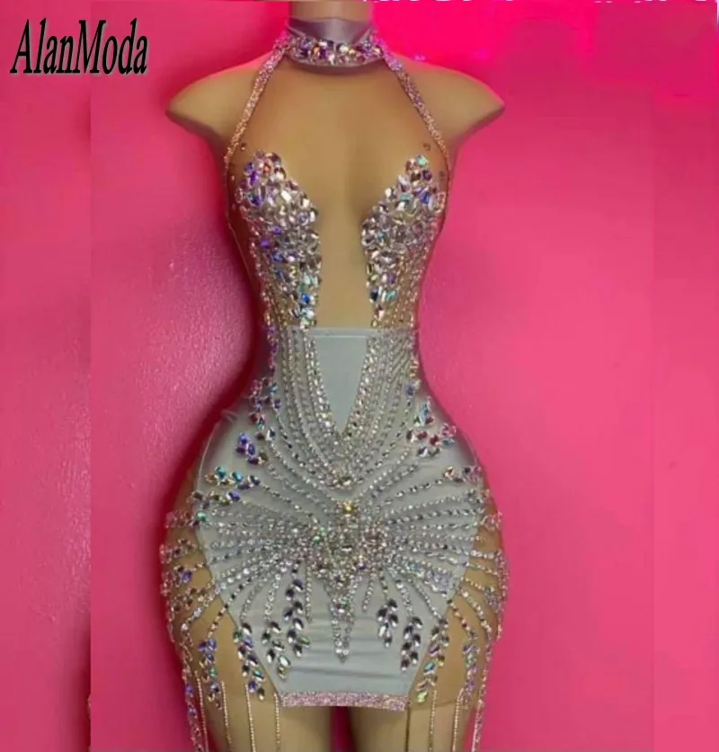 Sexy See Through vestidos de baile curtos para mulheres, vestido de baile, mini cocktail strass, vestido de aniversário dourado