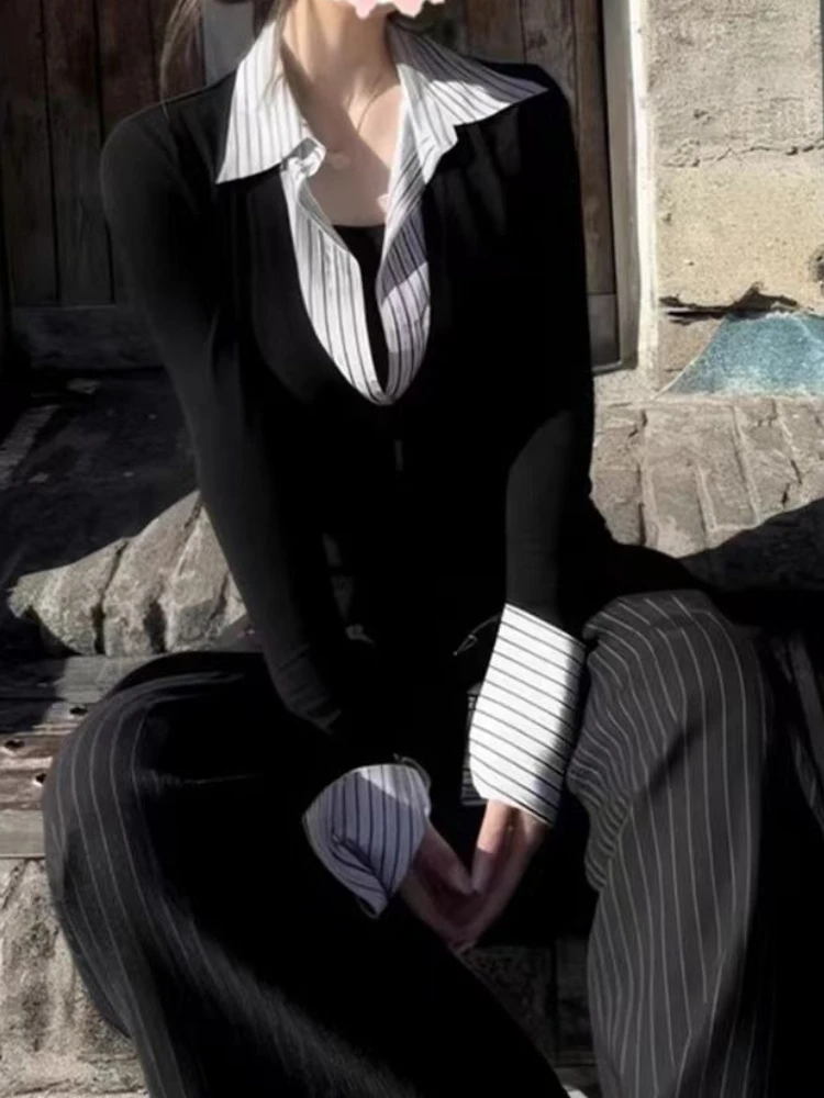 الجمالية الخريف الساخن فتاة المرقعة تي شيرت المرأة موضة خمر مخطط رقيقة بولو طوق القمصان الإناث شارع العليا Y2k تيز