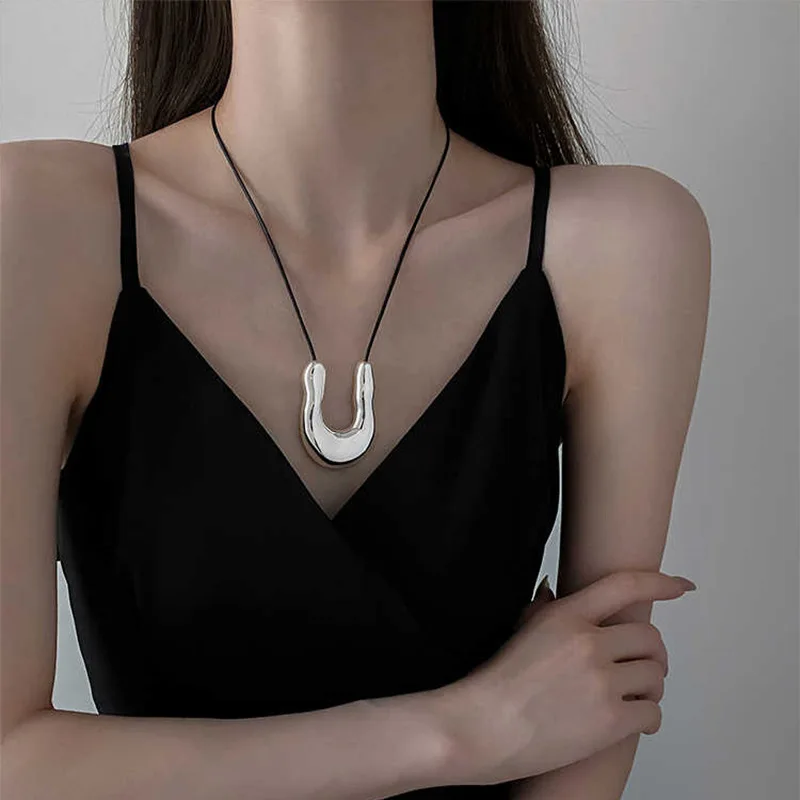 Punk Large U-Shape Geometric Pendant Necklace Women MenHorseshoe Adjustable Long Leather Rope Sweater Chain Necklaces Jewelry image 4