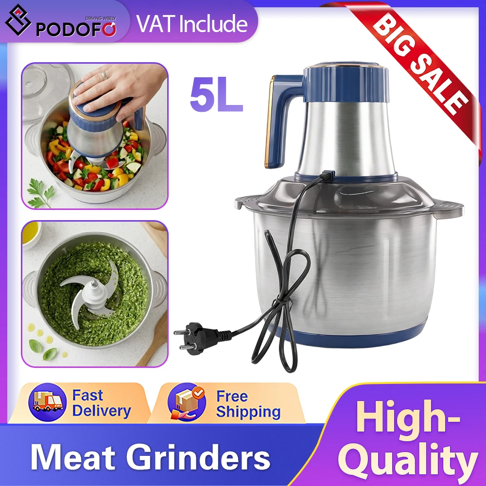 Podofo - Picadora de Carne Eléctrica Multifuncional de 5L, 5 Velocidades, Acero Inoxidable SUS 304, Trituradora de Alimentos, Cortadora de Verduras, Picadora, Mezcladora con 6 Cuchillas
