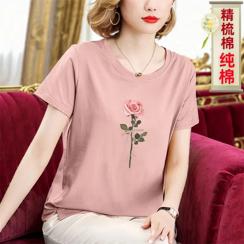 Women's Combed Cotton T-Shirt Pink Rose Print Crew Neck Short Sleeve Casual Loose Fit Top