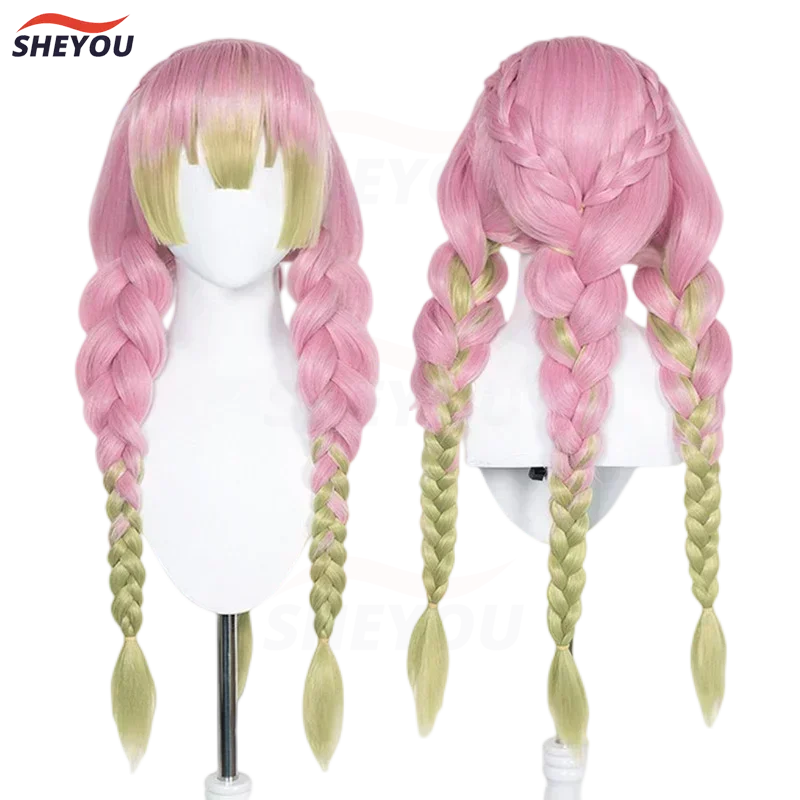 2025Halloween Anime Mitsuri Kanroji Cosplay Pruik Lange Roze Groene Vlecht Hittebestendig Haar Authentieke Cosplay