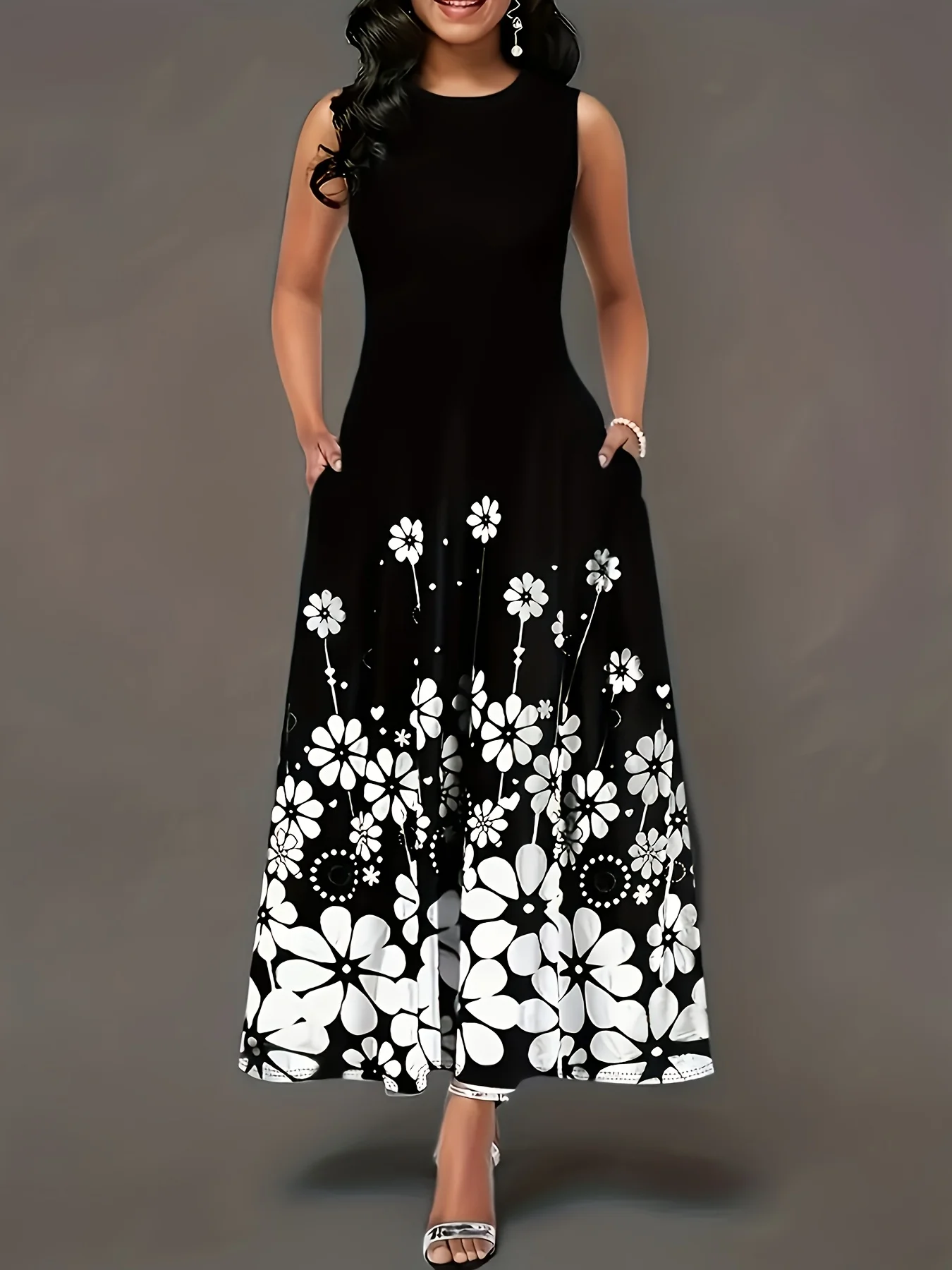 Nouvelle robe d'été tendance sans manches, imprimée, ample, à col rond, simple et élégante