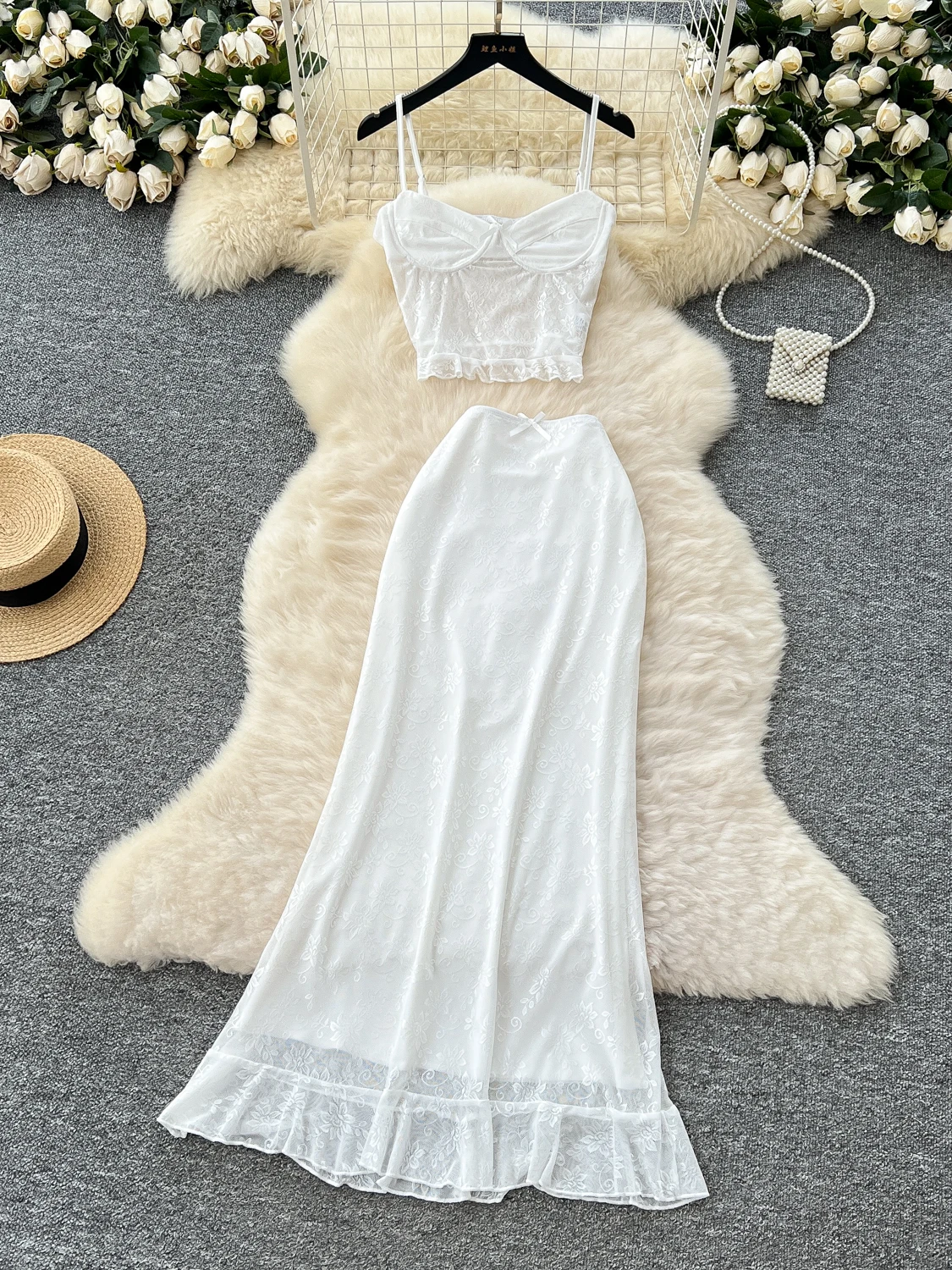 

Foamlina Pure Lust Women's Summer Clothes Sexy Perspective Tight Suspender Lace Vest + High Waist Hip Skirt For Vacation Holiday