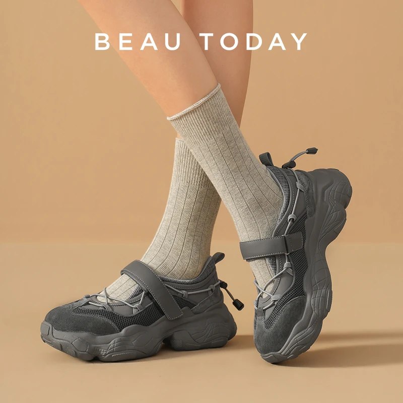 

BEAUTODAY Chunky Sneakers Women Suede Leather Solid Color Round Toe Casual Trainers Hook Loop Ladies Shoes Handmade 29651
