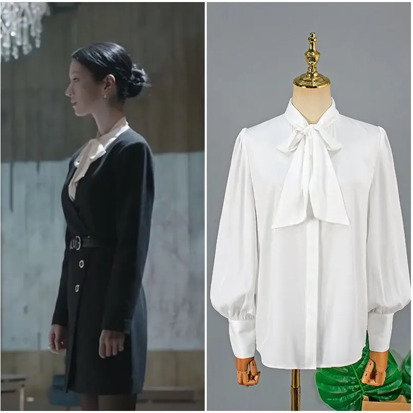 

New Korean Drama 서예지 Long Sleeve Elegant Blouse Women Lace-up Bow Shirt Summer Buttons Tops Ladies Office Temperament Shirt