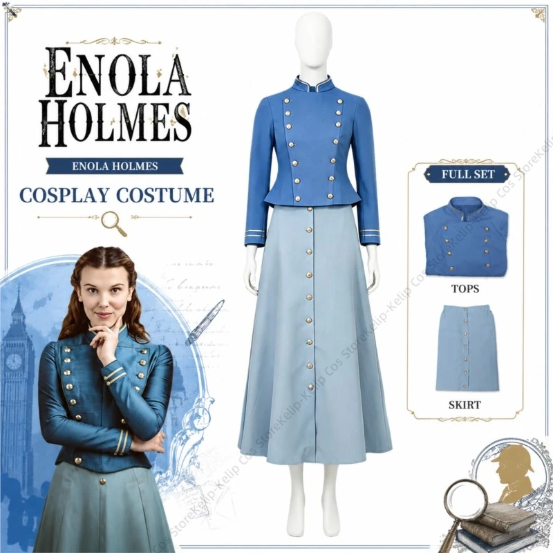 enola-holmes-cosplay-costume-victorian-detective-blue-jacket-skirt-set-retro-movie-outfit-halloween-carnival-comic-con-party