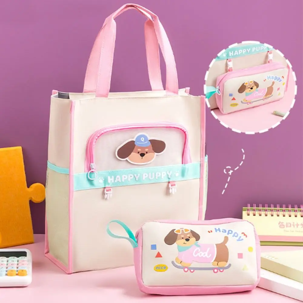 Cartoon Tote School Bag Cute Dog Detachable Pencil Bag Multi-layer File Organizer Oxford Cloth Kawaii Book Storage Bag