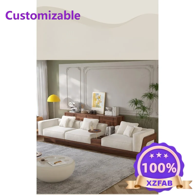 Factory Direct 2026 Medieval style solid wood sofa Modern small apartment living room Straight row fabric Nordic retro walnut