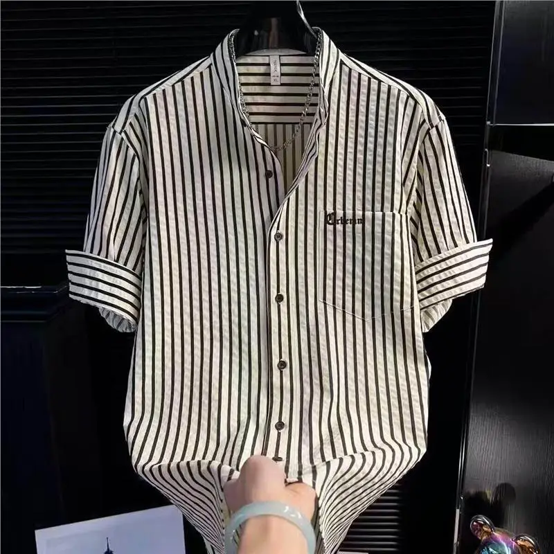 American Retro Short Sleeve Shirt Men's Summer Turn-down Collar Striped Casual Business Five Sleeve Shirt Breathable Lightweight