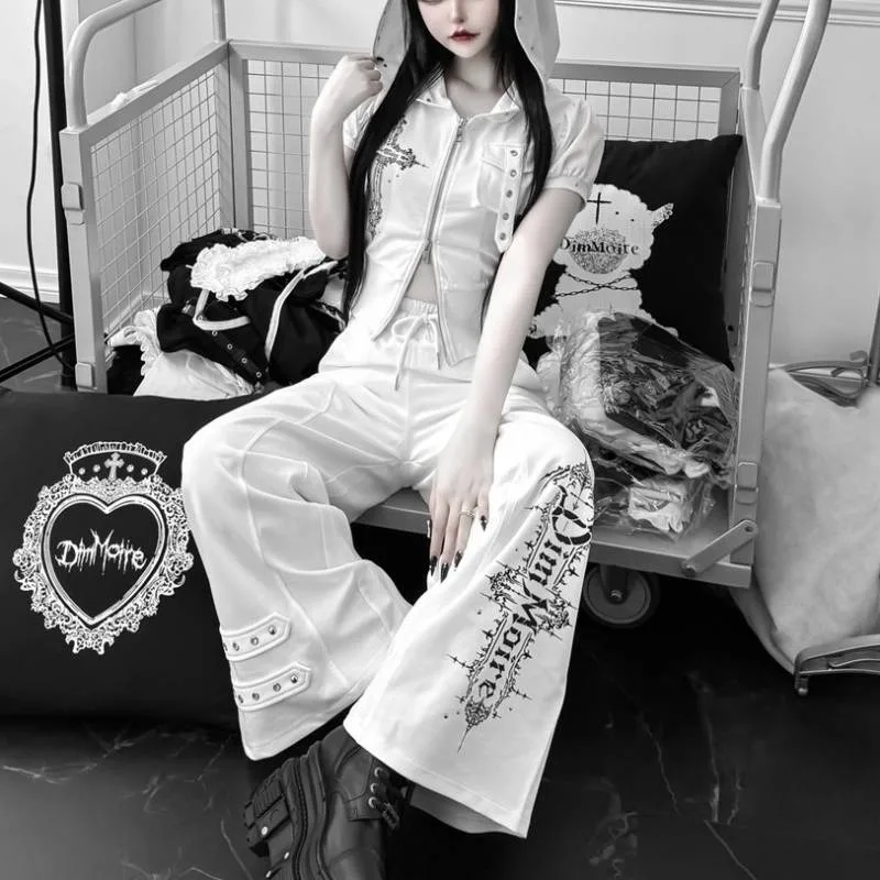 Women Gothic 2 Piece Outfit Devil Horn Hooded Zip Crop Top & Wide Leg Pants Set Dark Alt Y2K Streetwear Punk Cosplay Costume