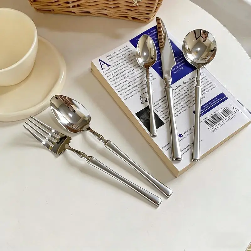 Stainless Steel Long Handle Spoon Dinnerware Set Western Steak Cutlery Ice Pattern Spoon Fork Tree Bark Pattern Small Waist