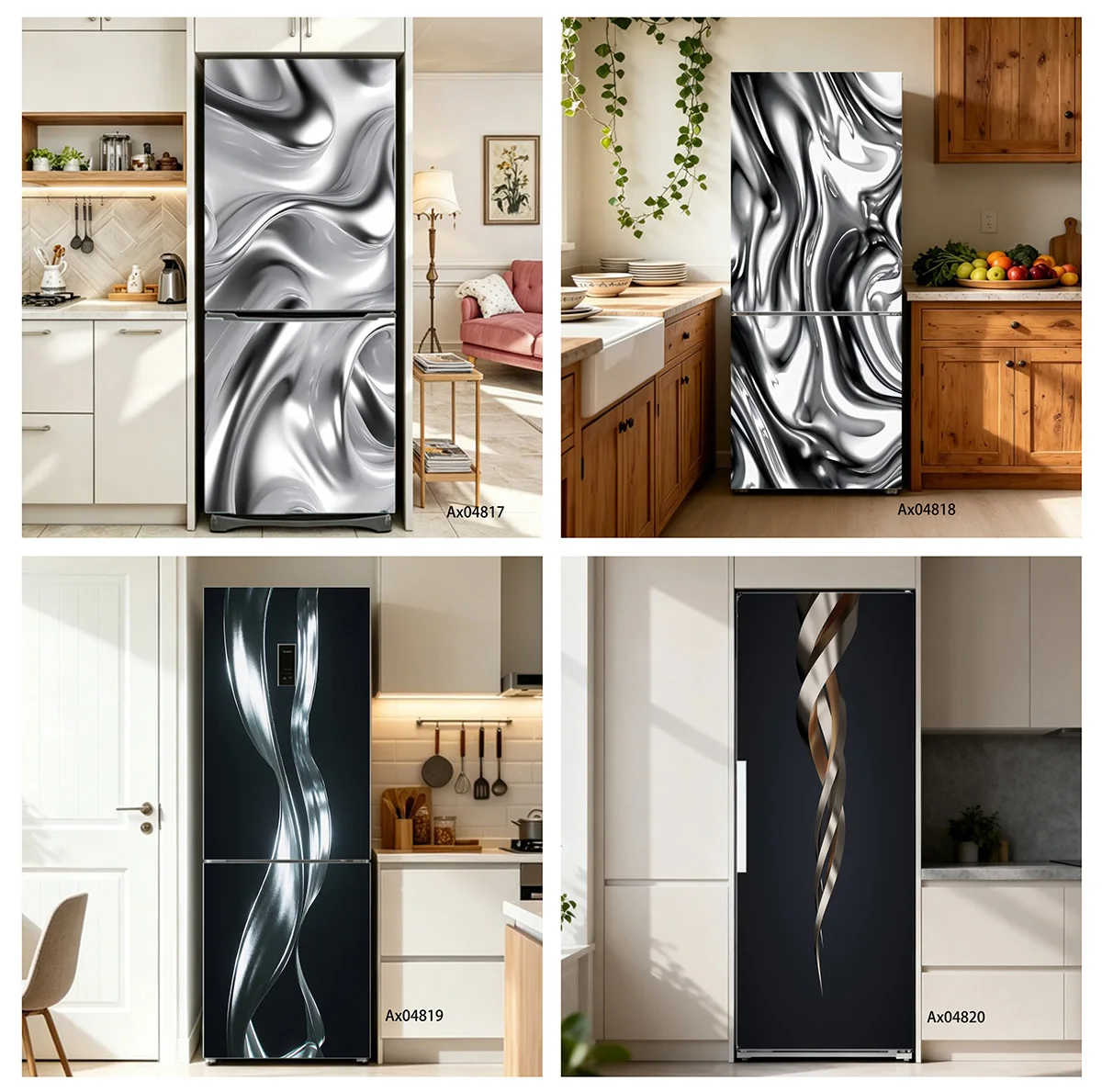 Full Matte Silver Fluid Wave Abstract Vertical Fridge Sticker Self-Adhesive Waterproof Vinyl Decal