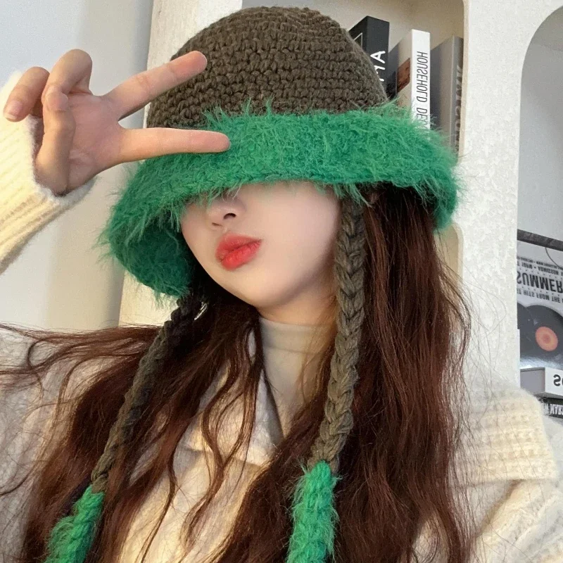 Y2K Knitted Bucket Hats for Women Autumn Winter Female Warm Lace Up Big Brim Fisherman Cap Girls Hat Winter Panama Bob Gorras