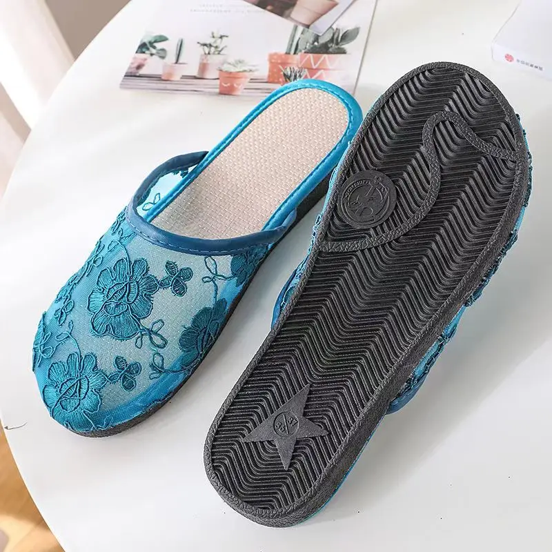 Womens Ladies Fashion Stylish  Mesh Floral Slippers Slides Slip On Flats Flip Flop Loafers Mules Fresh Breathable Home