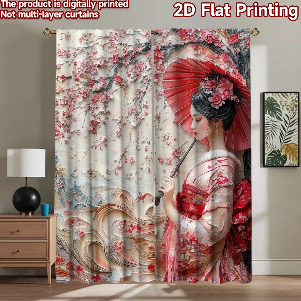 2D flat 2pcs Curtain French Romantic Style Cherry Blossom Geisha Umbrella Digitally printed polyester, colorfast Party & Holiday
