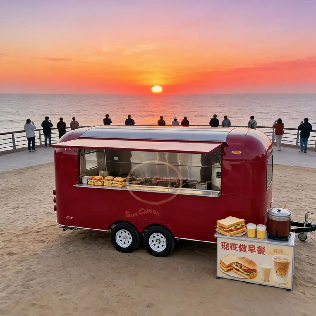 

Red FRP Food Truck Trailer Mobile Kitchen Cart Outdoor Food Selling with Stainless Steel Interior for Catering Business
