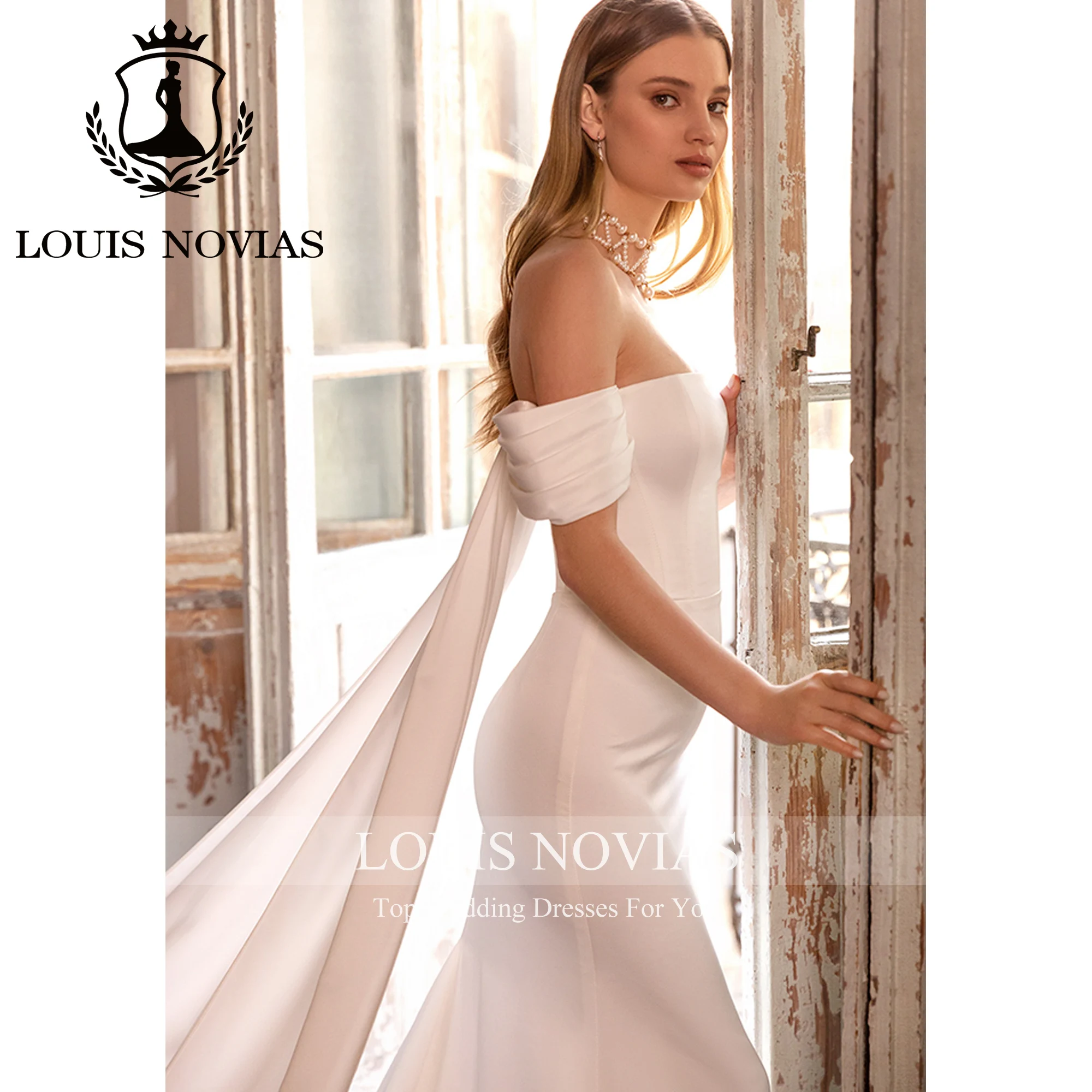 

LOUIS NOVIAS Mermaid Wedding Dress Off the Shoulder Strapless Sleeveless Ribbons Slim Satin Wedding Gown Vestidos De Novia