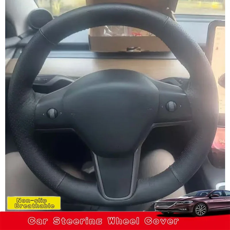 

Customize Hand Sewing Anti-slip Comfy Wear-resistant Microfiber Leather Car Steering Wheel Cover For Tesla Model 3 and Model Y
