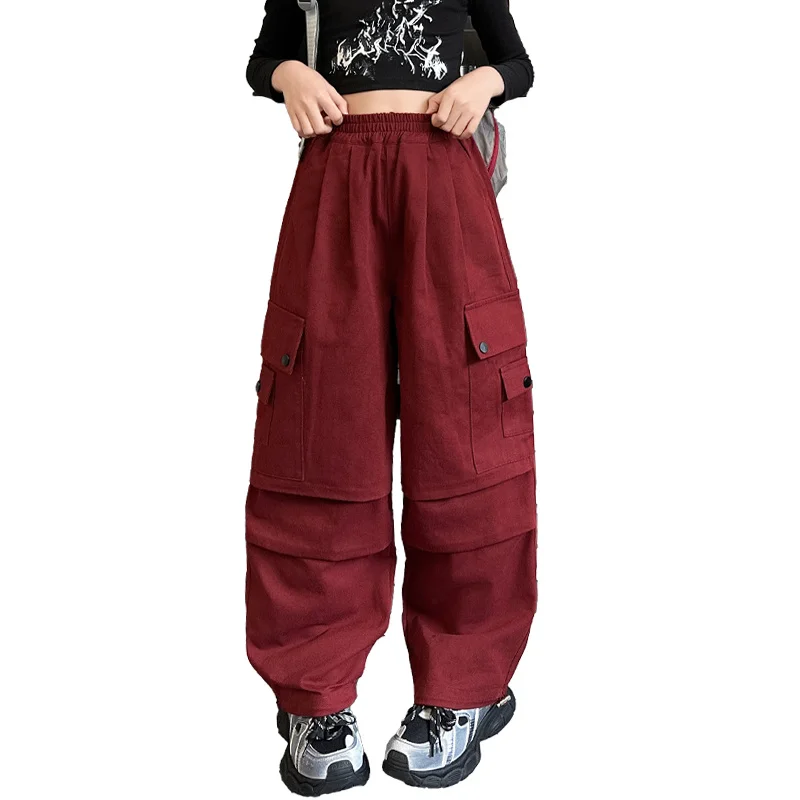 

New Spring Kids Cargo Pants Teen Girl from 5 6 7 8 9 10 11 12 to 14 Years Old Child High Street Burgundy Trousers With Pockets