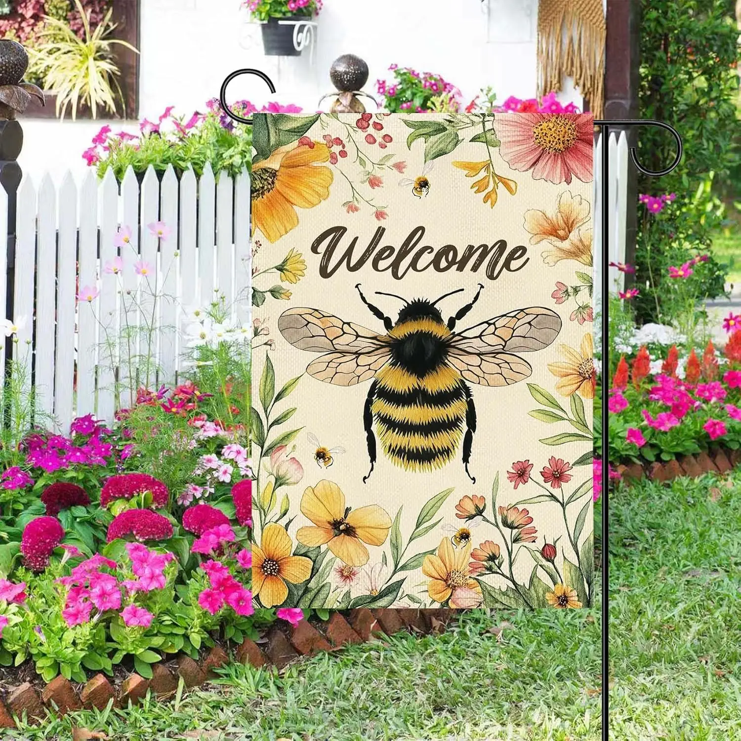 MASLEK Bee Decor Garden Flag Yellow Bee and Floral on Beige Backdrop Double Sided Burlap Welcome Garden Flag for Home Porch  zzo