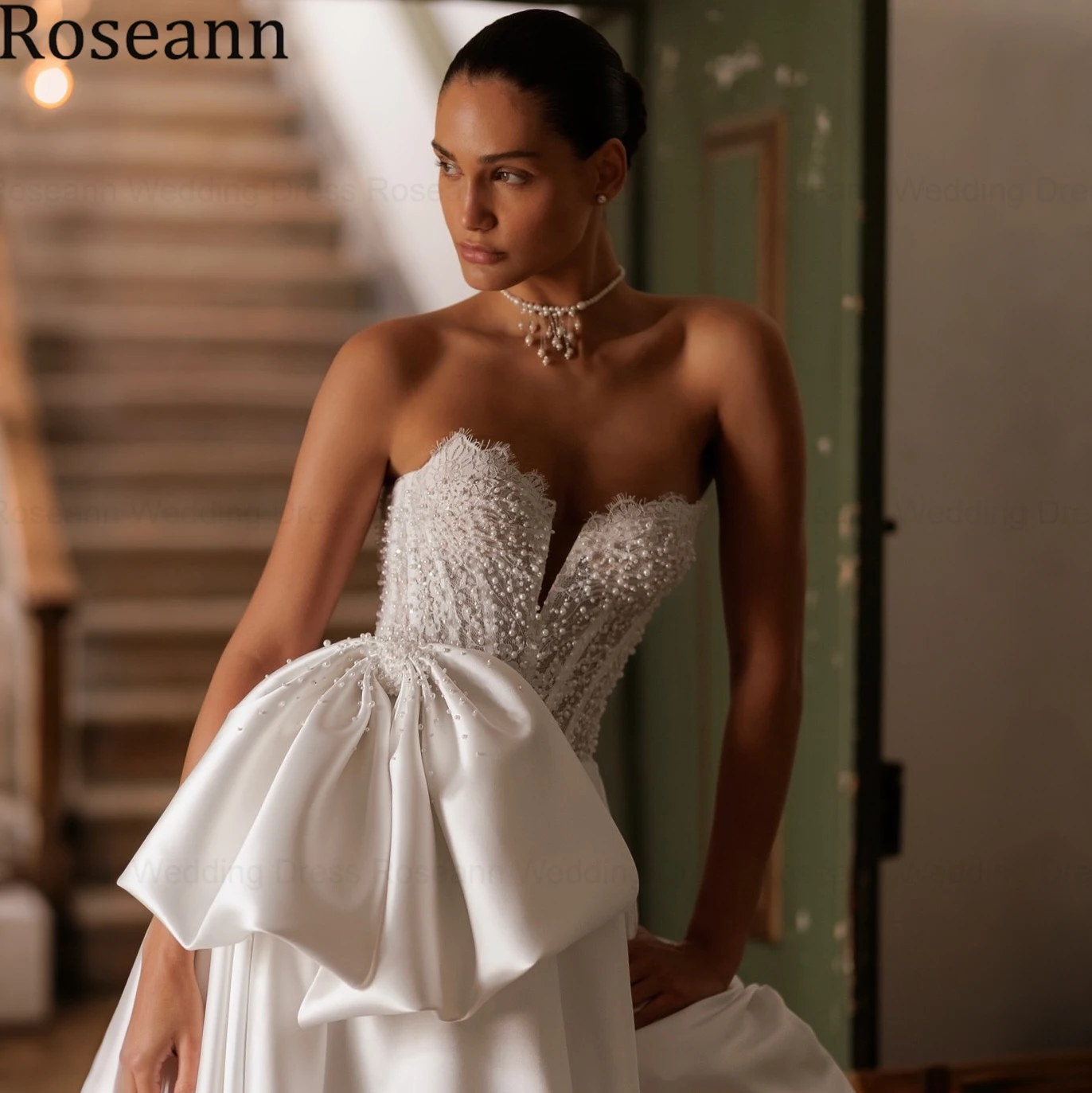 Roseann Wedding Dress Sweetheart Strapless Lace Pearls amanda novias oficial Satin Bow A Line Sweep Train Bridal Gown Customized
