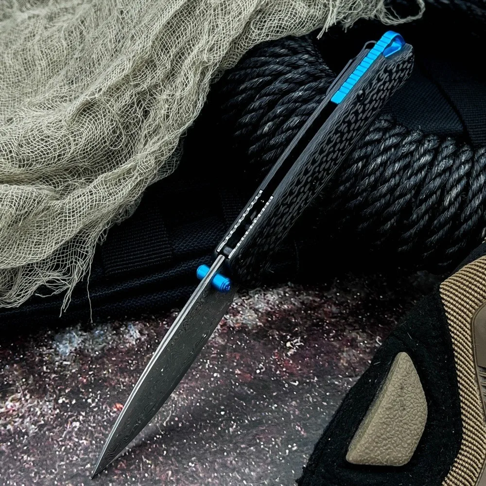 New Outdoor Camping 533 Folding Belt Knife Damascus Knife Carbon Fiber Handle Jungle Tactical Multi-Functional Self-Defense Tool