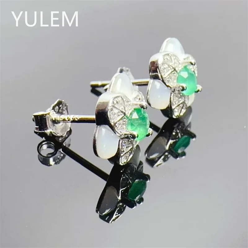 YULEM925 Silver Natural 3mm Round Emerald Clover Stud Earrings White Mother Of Pearl Shell Earrings Women Gem Jewelry