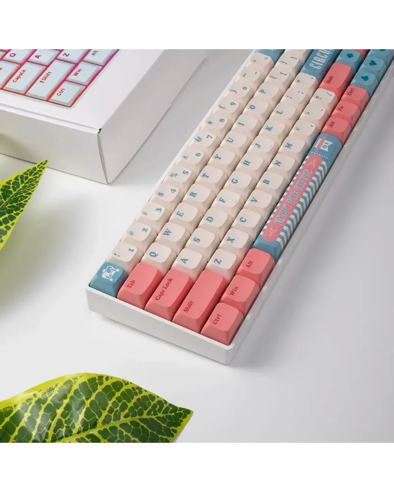 

pink white and light blue color block pbt dye sub keycaps full set oem profile for mechanical keyboards