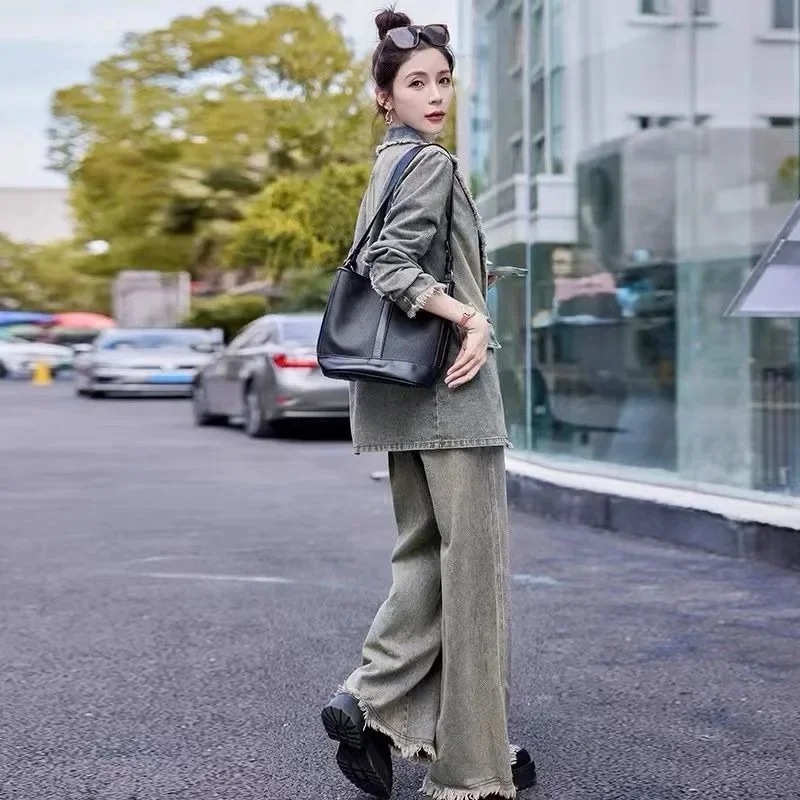 한국 버전 프라이드 스트릿 레트로 캐주얼 데님 슈트 여성 봄 가을 고급 감각 와이드 팬츠 투피스 세트 트렌드 JJ427