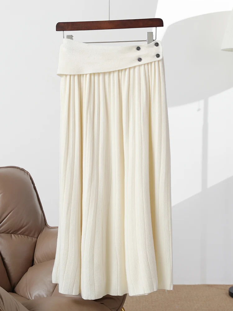 

TLOML Luxury New Women 100% Merino Wool Knitwear Skirt Four button Pleated Long Skirt Grace Office Lady Fashion Soft Comfy Skirt