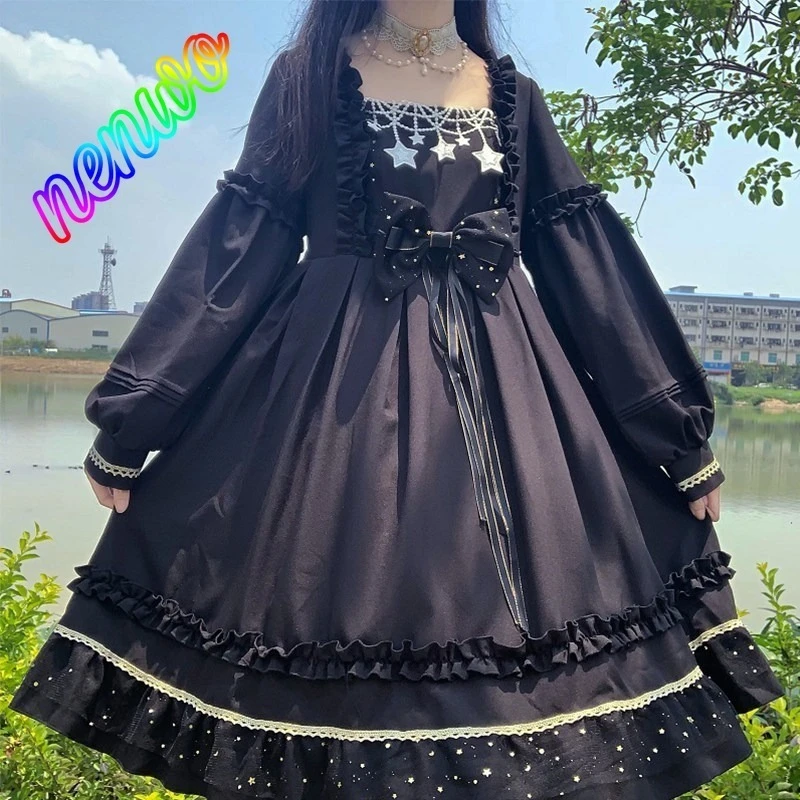 

Готическое черное платье Лолиты с длинными рукавами, кружевное платье принцессы с рюшами и звездами для женщин, винтажное викторианское платье для вечеринок и косплея