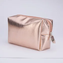 Bolsa de maquillaje con cremallera, organizador de viaje, Color metálico, suave, cuero PU, impermeable