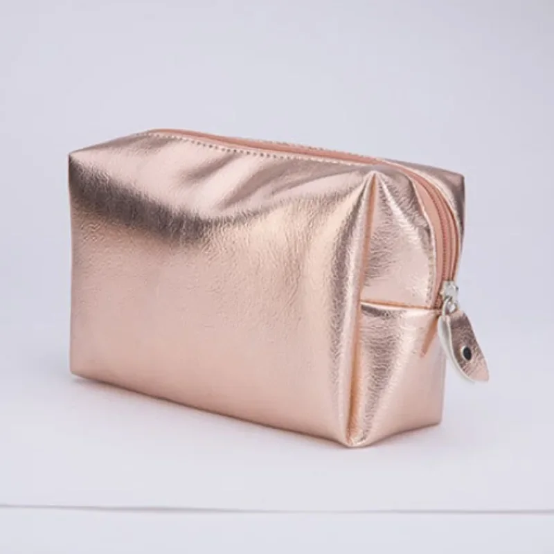 Makeup Bag Gold Champagne Zipper Storage Bag Travel Organizer Pouch New Metallic Color Soft PU Leather Waterproof Cosmetic Bag