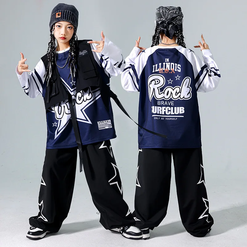 Girls Hip Hop Star Sweatshirt Vest Joggers Pants Boys Cool Streetwear Clothes Set Kids Children Jazz Street Dance K-pop Costumes